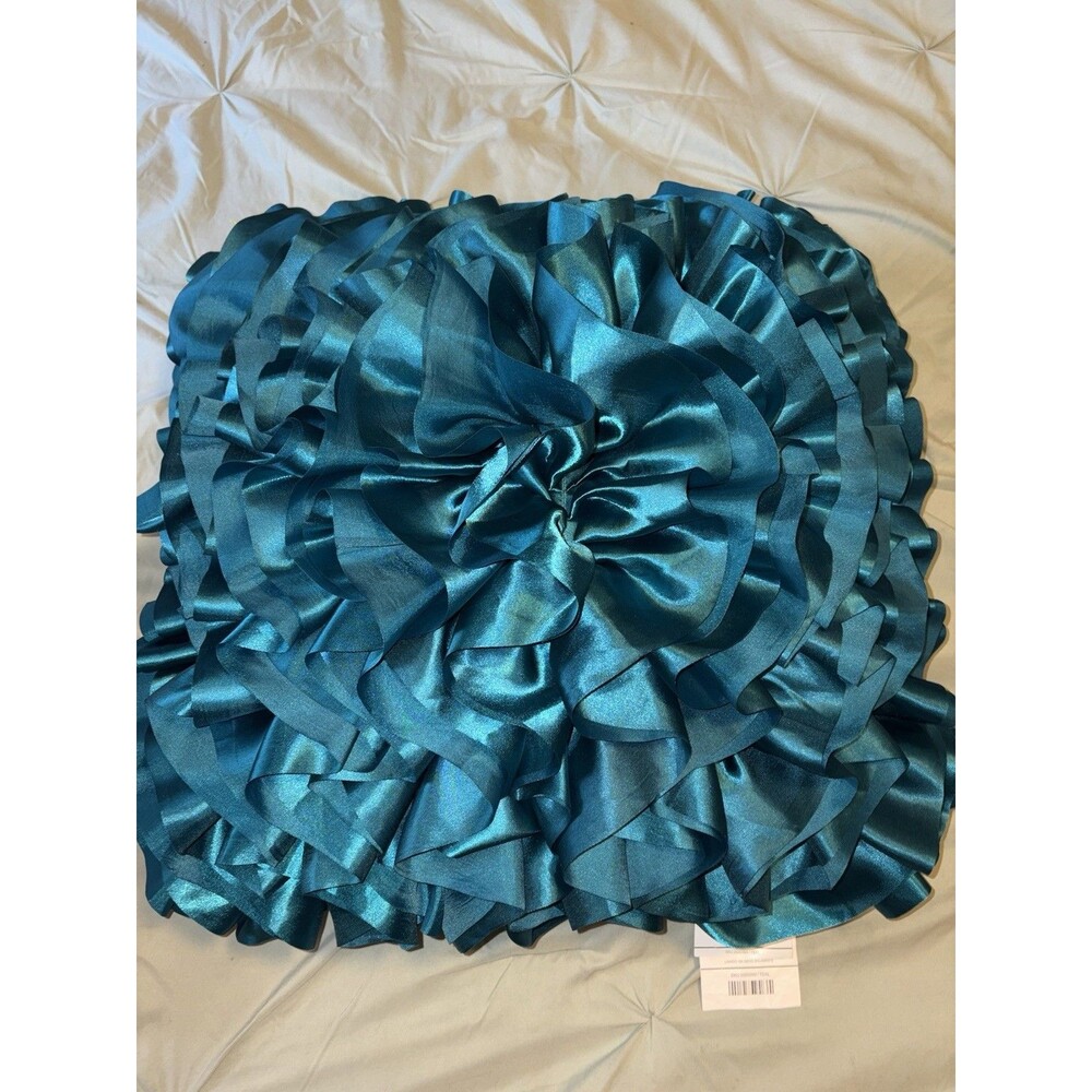 Pier 1 Cream Satin Rosette Flower Tufted Ruffled Decorative Throw Pillow